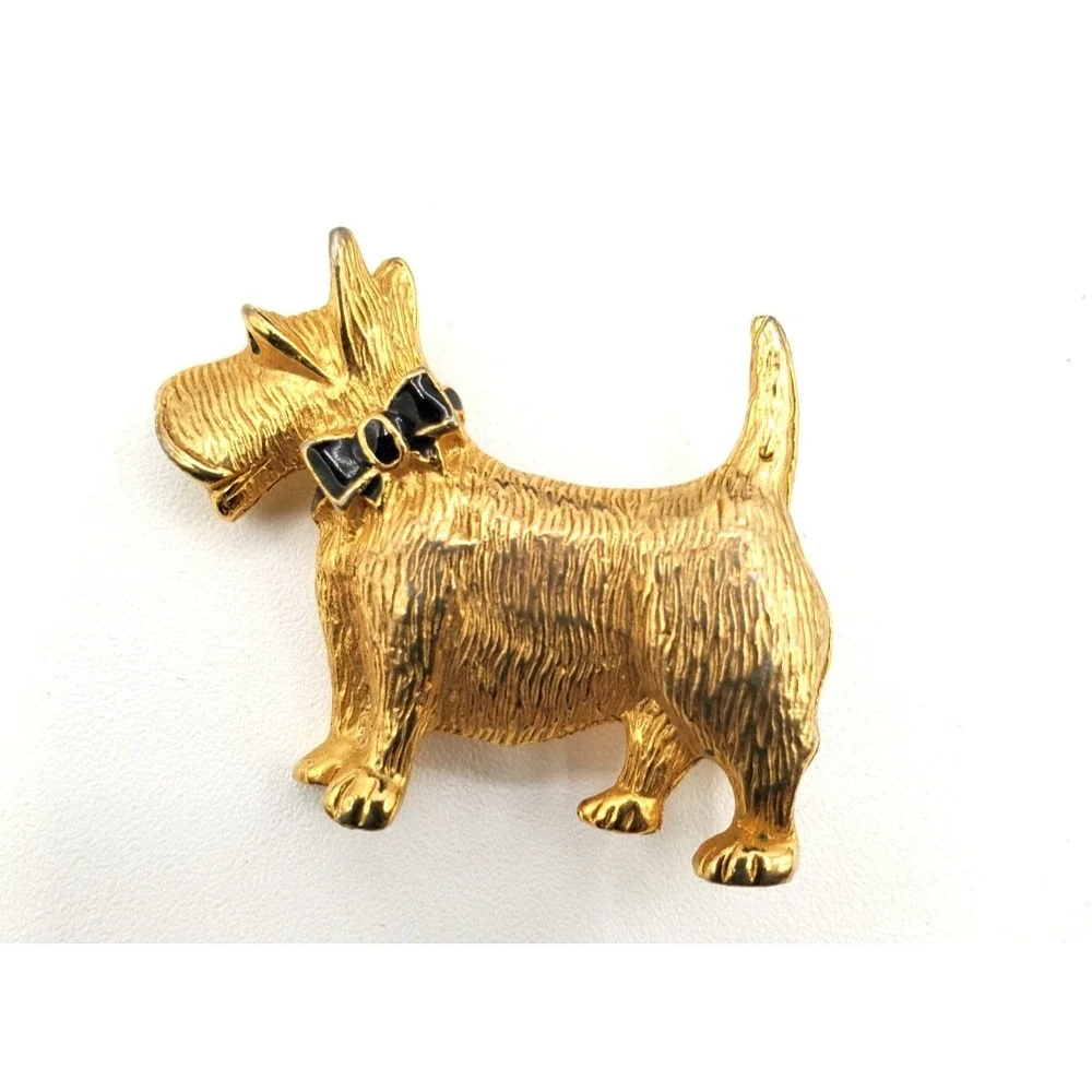Vintage Scottish Terrier Black Enamel Bow Brooch Pin Gold Tone